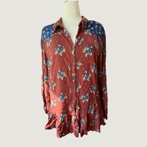 Back In The Saddle Floral Western Peplum Top Fig Red Blue Lace Up Back 1X Rodeo